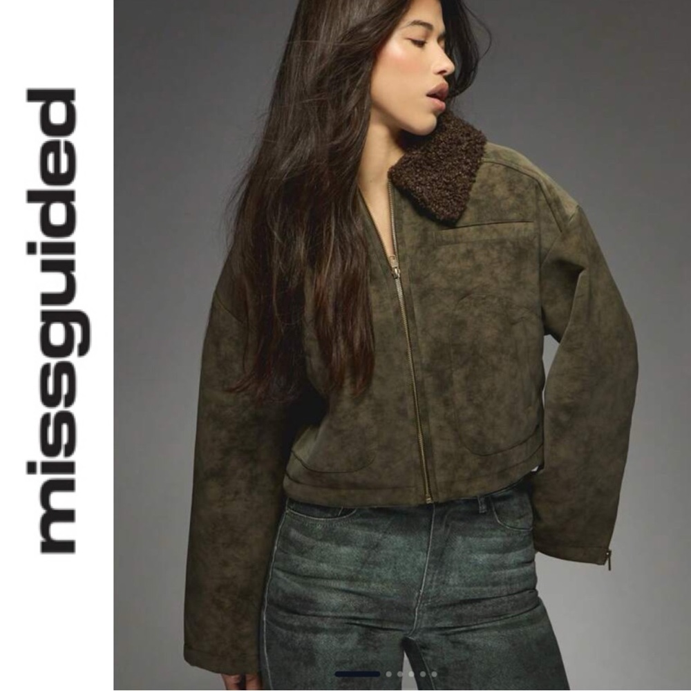 MISSGUIDED VINTAGE STYLE OLIVE GREEN FAUX SUEDE BOMBER JACKET WITH SHERPA COLLAR